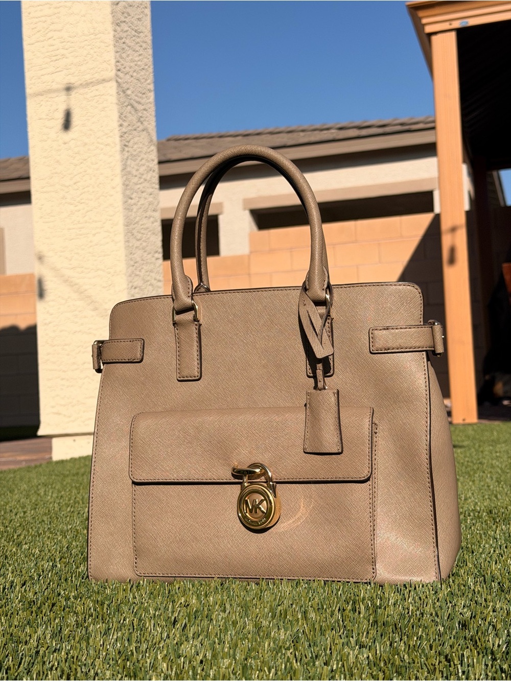 Michael Kors Taupe Saffiano Satchel with Gold Hardware